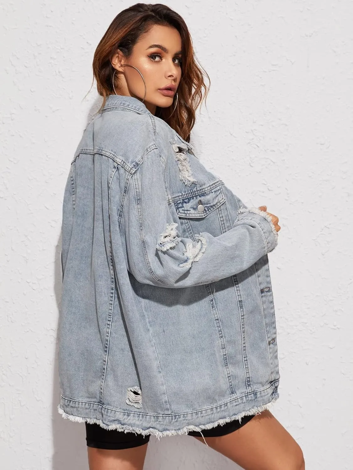 Floerns Women's Ripped Raw Hem Long Sleeve Button Front Denim Jacket Coat
