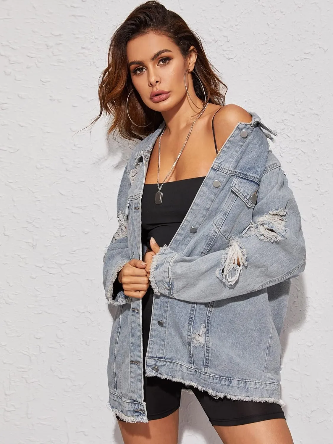 Floerns Women's Ripped Raw Hem Long Sleeve Button Front Denim Jacket Coat