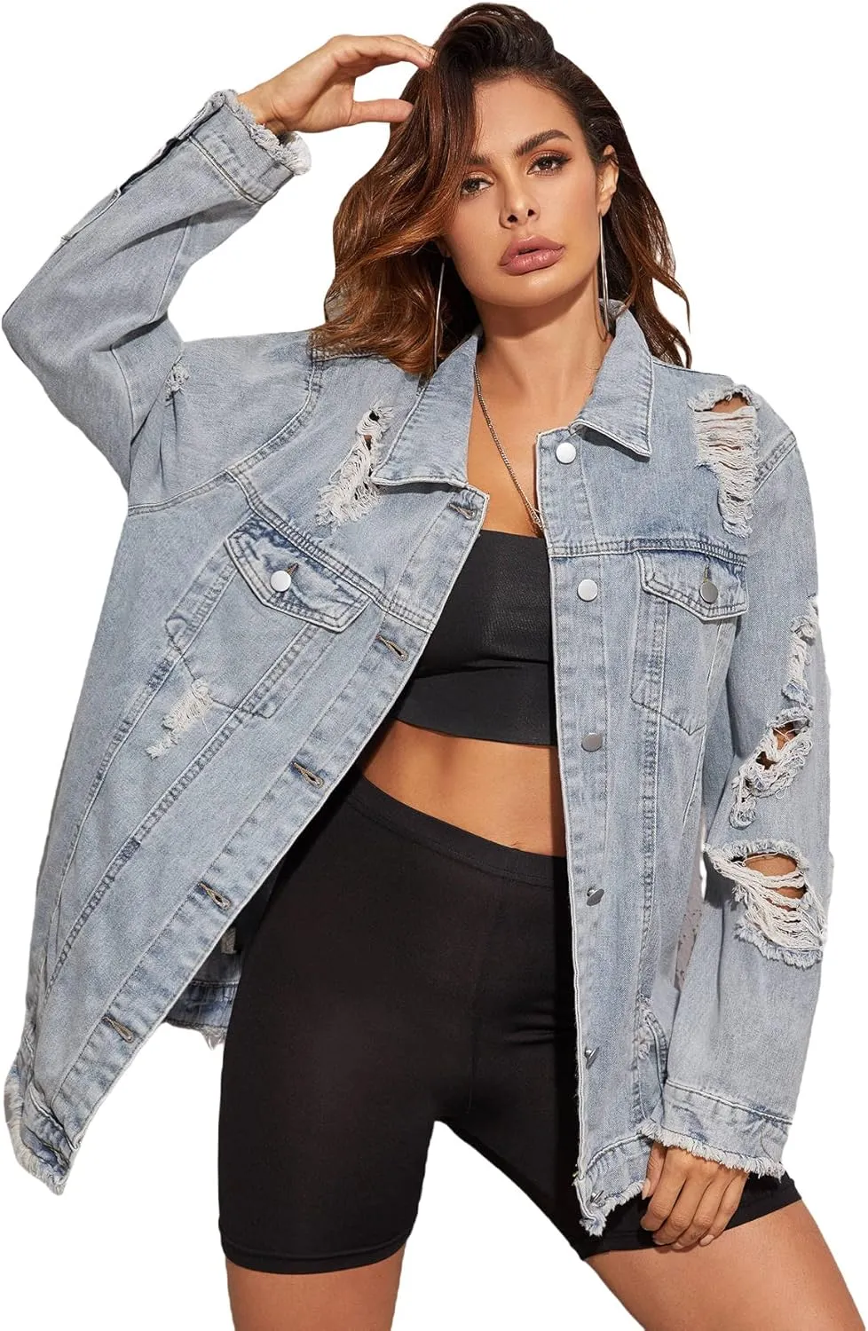Floerns Women's Ripped Raw Hem Long Sleeve Button Front Denim Jacket Coat