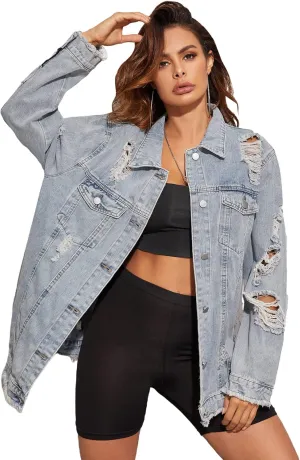 Floerns Women's Ripped Raw Hem Long Sleeve Button Front Denim Jacket Coat
