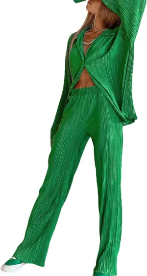 Franhais Wide Leg Pants Sets Women 2 Piece Outfits Casual Long Sleeve Button Down Shirt Linen Pants Outfits Streetwear