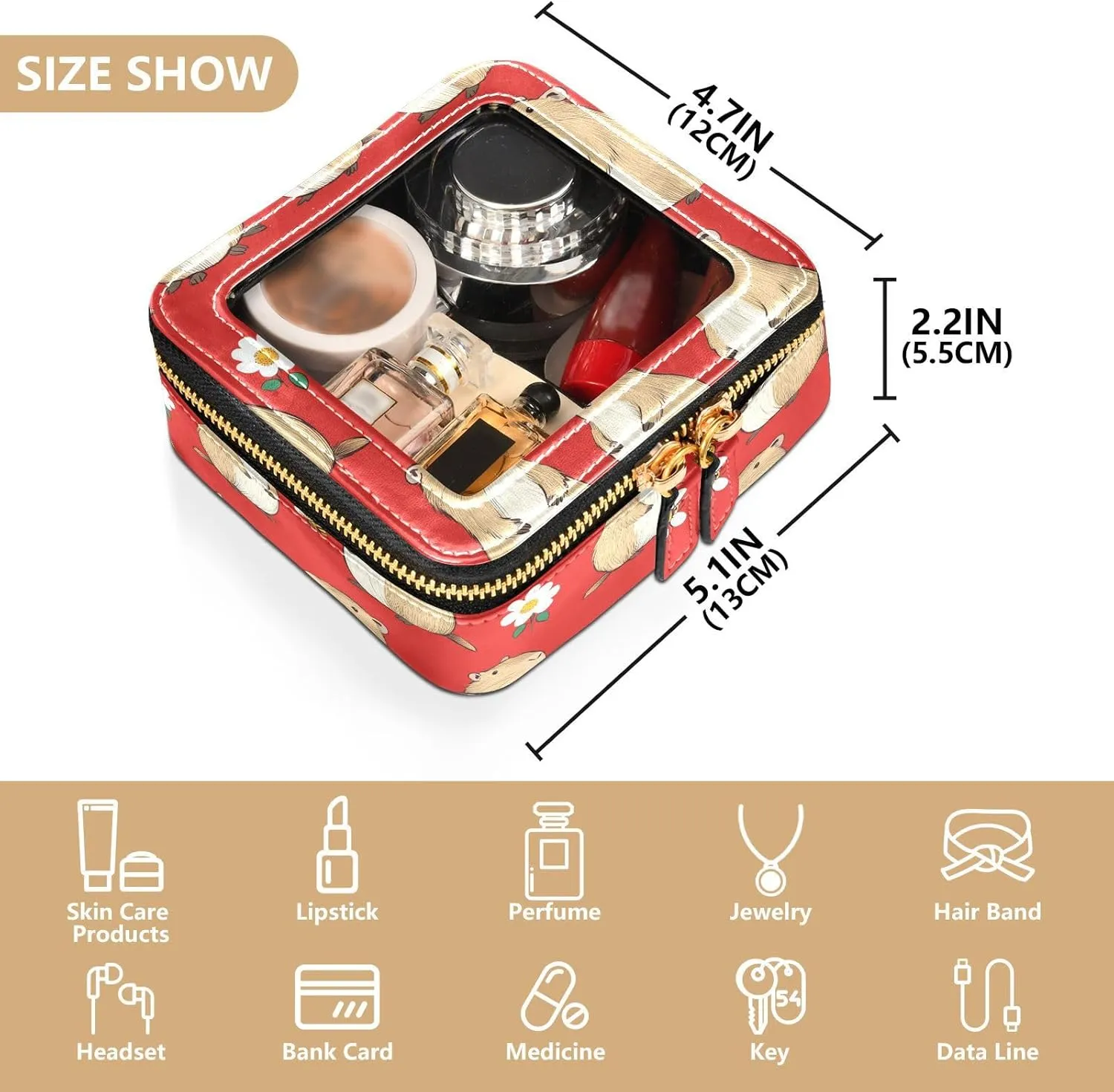 FRODOTGV Cartoon Capybara Red, Clear Small Makeup Bag for Purse, Waterproof Travel Toiletry Bags, Cosmetic Organizer