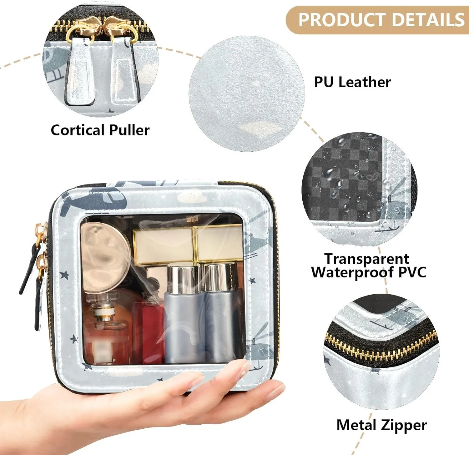 FRODOTGV Cute Makeup Bag Clear, Helicopter and Stars Cloud Silver, Travel Cosmetic Case Toiletry Bags