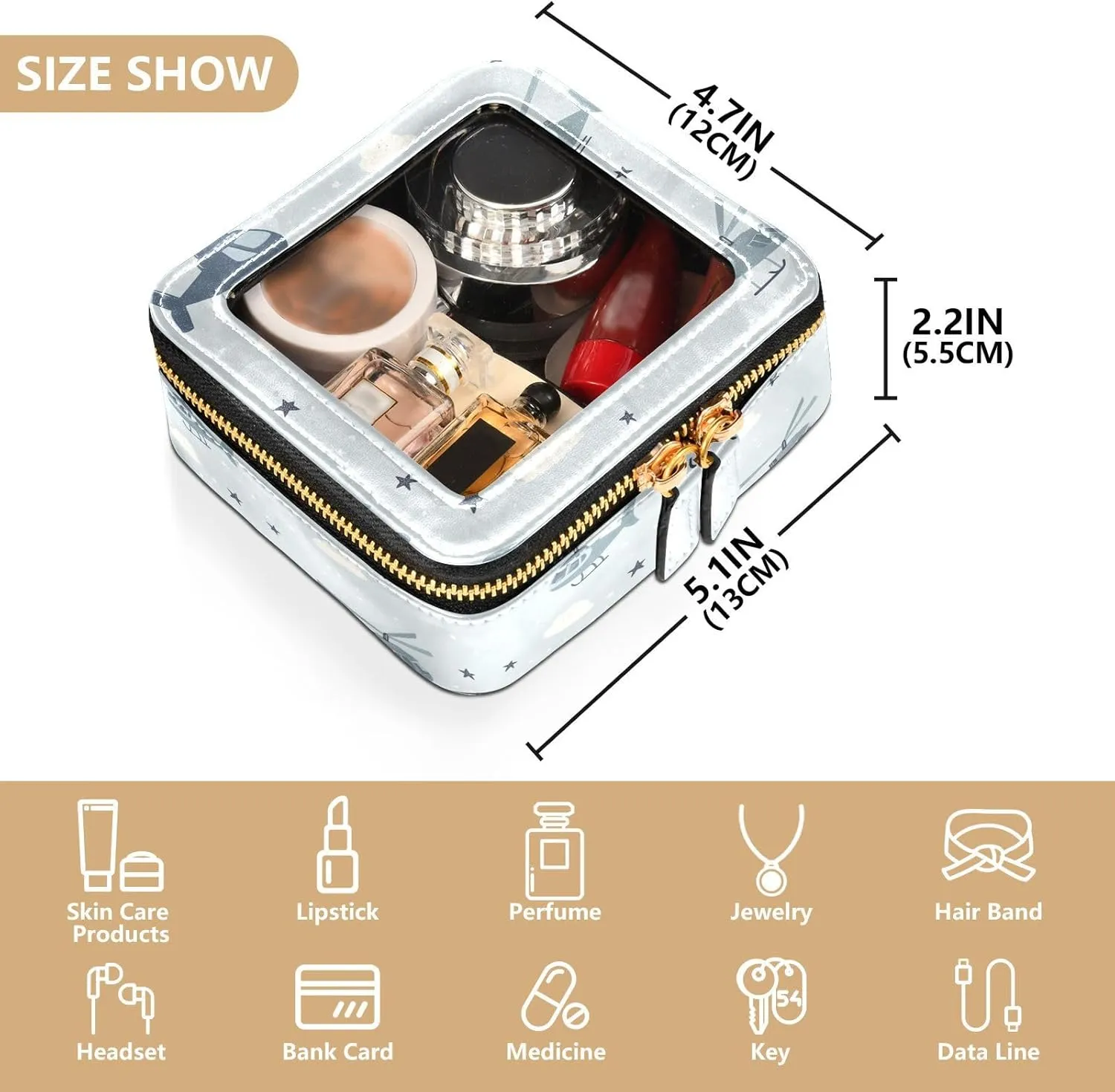 FRODOTGV Cute Makeup Bag Clear, Helicopter and Stars Cloud Silver, Travel Cosmetic Case Toiletry Bags
