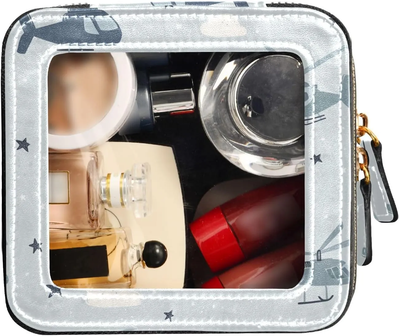 FRODOTGV Cute Makeup Bag Clear, Helicopter and Stars Cloud Silver, Travel Cosmetic Case Toiletry Bags