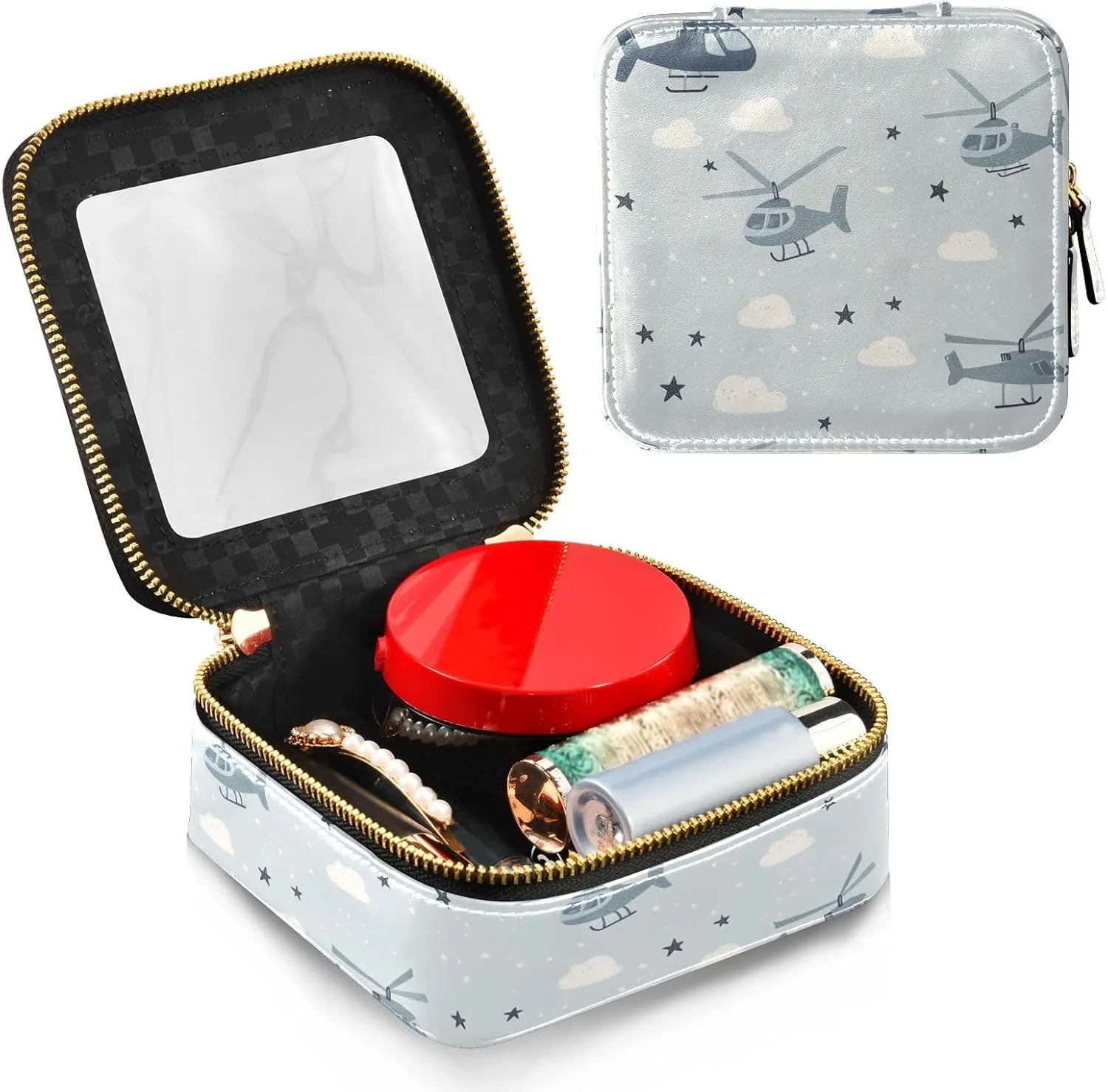 FRODOTGV Cute Makeup Bag Clear, Helicopter and Stars Cloud Silver, Travel Cosmetic Case Toiletry Bags