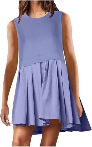 FZYLQY Sleeveless Dresses for Womens Casual Summer Pleated Tank Dress Ruffle Flowy Mini Dress Solid Crewneck Pleated Dress