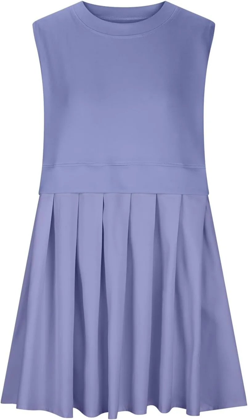 FZYLQY Sleeveless Dresses for Womens Casual Summer Pleated Tank Dress Ruffle Flowy Mini Dress Solid Crewneck Pleated Dress