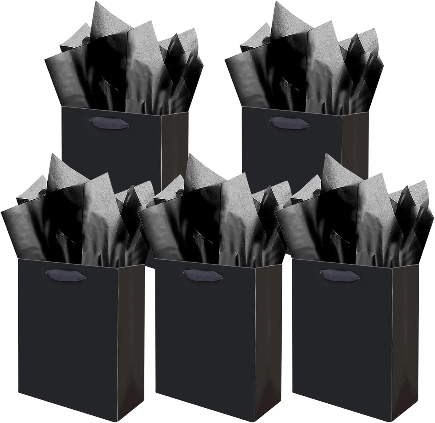 Gcardist Deep Black Gift Bags with Tissue Paper for Wedding, Birthday, Party Supplies-7.9"x4.3"x9.6" Medium Size Cardboard Gift Bags5pcs Bags  10pcs Tissue Paper 