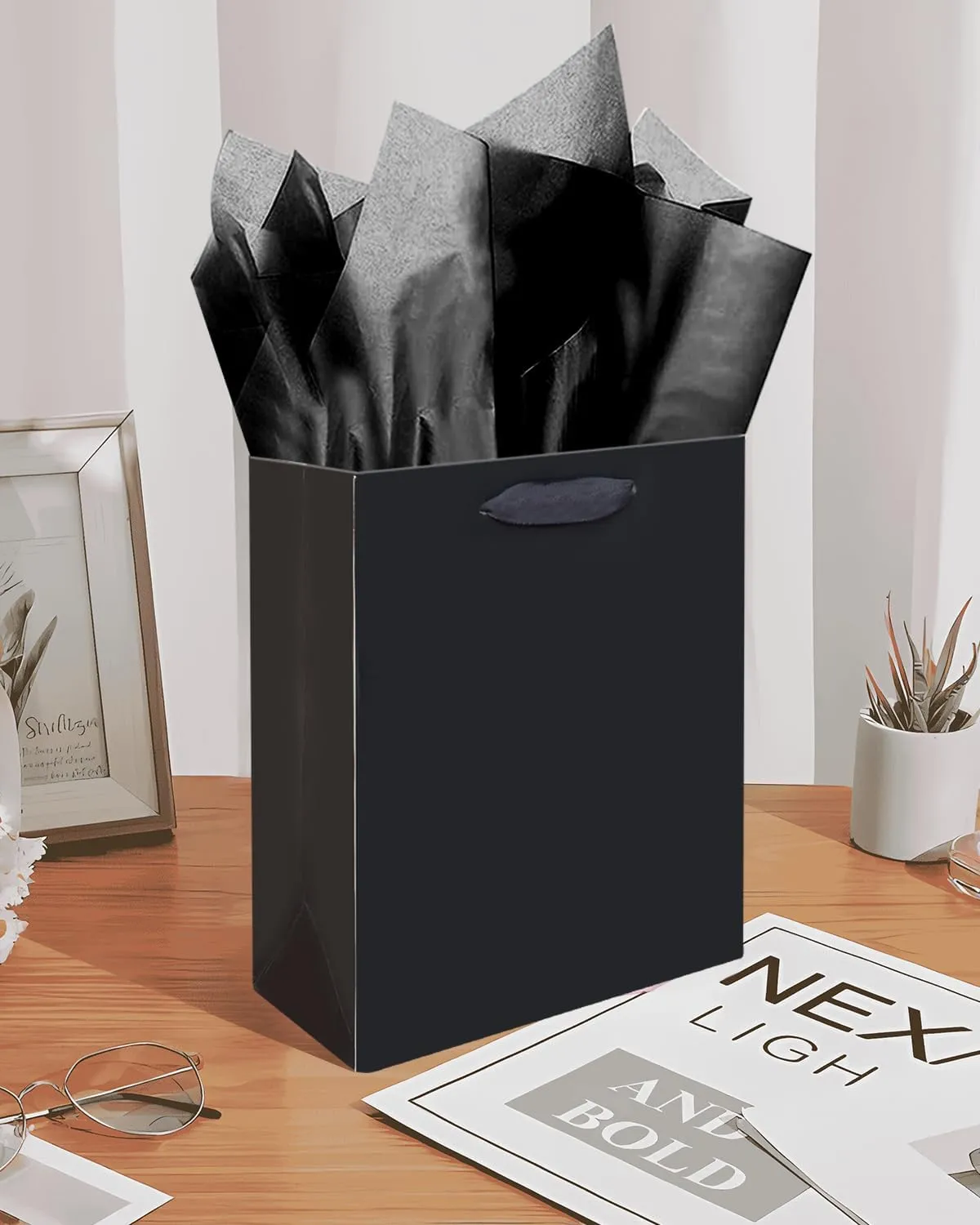 Gcardist Deep Black Gift Bags with Tissue Paper for Wedding, Birthday, Party Supplies-7.9"x4.3"x9.6" Medium Size Cardboard Gift Bags5pcs Bags  10pcs Tissue Paper 