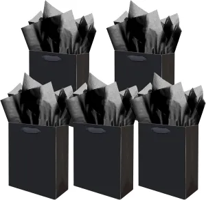 Gcardist Deep Black Gift Bags with Tissue Paper for Wedding, Birthday, Party Supplies-7.9"x4.3"x9.6" Medium Size Cardboard Gift Bags5pcs Bags  10pcs Tissue Paper 
