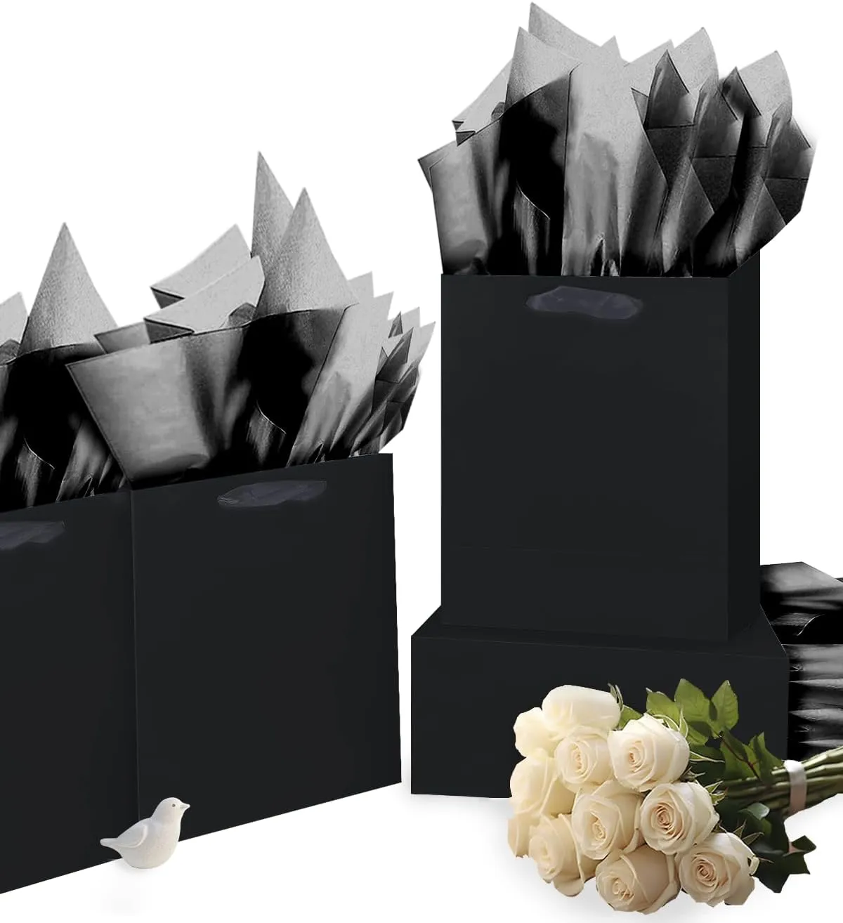 Gcardist Deep Black Gift Bags with Tissue Paper for Wedding, Birthday, Party Supplies-7.9"x4.3"x9.6" Medium Size Cardboard Gift Bags5pcs Bags  10pcs Tissue Paper 