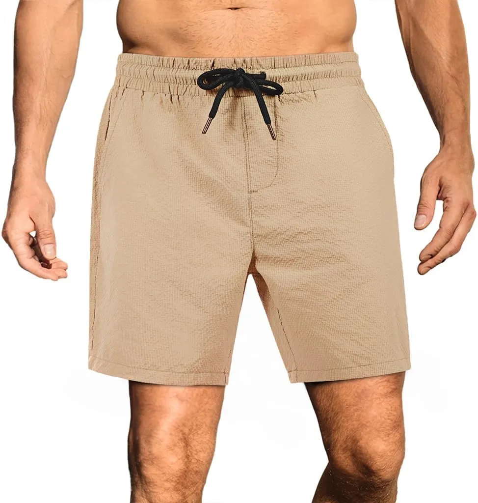 GINGTTO Mens Beach Shorts 7 inch Quick Dry Swim Trunks No Liner Seersucker Vacation Shorts for Men Elastic Waist