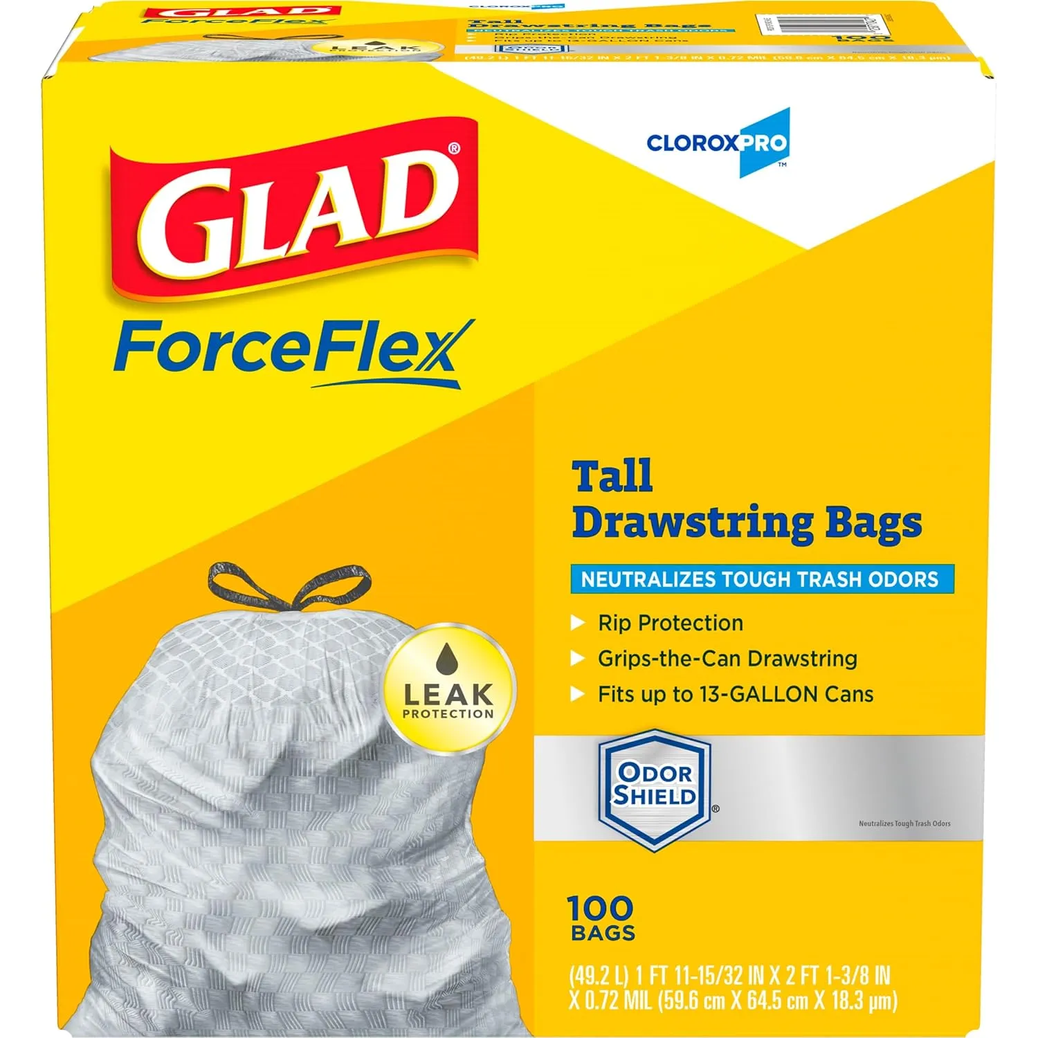 Glad ForceFlex Tall Kitchen Drawstring Trash Bags, Clorox 13 Gallon Trash Bags for Tall Trash Can, Industrial Cleaning, Unscented, 100 Count - 70427