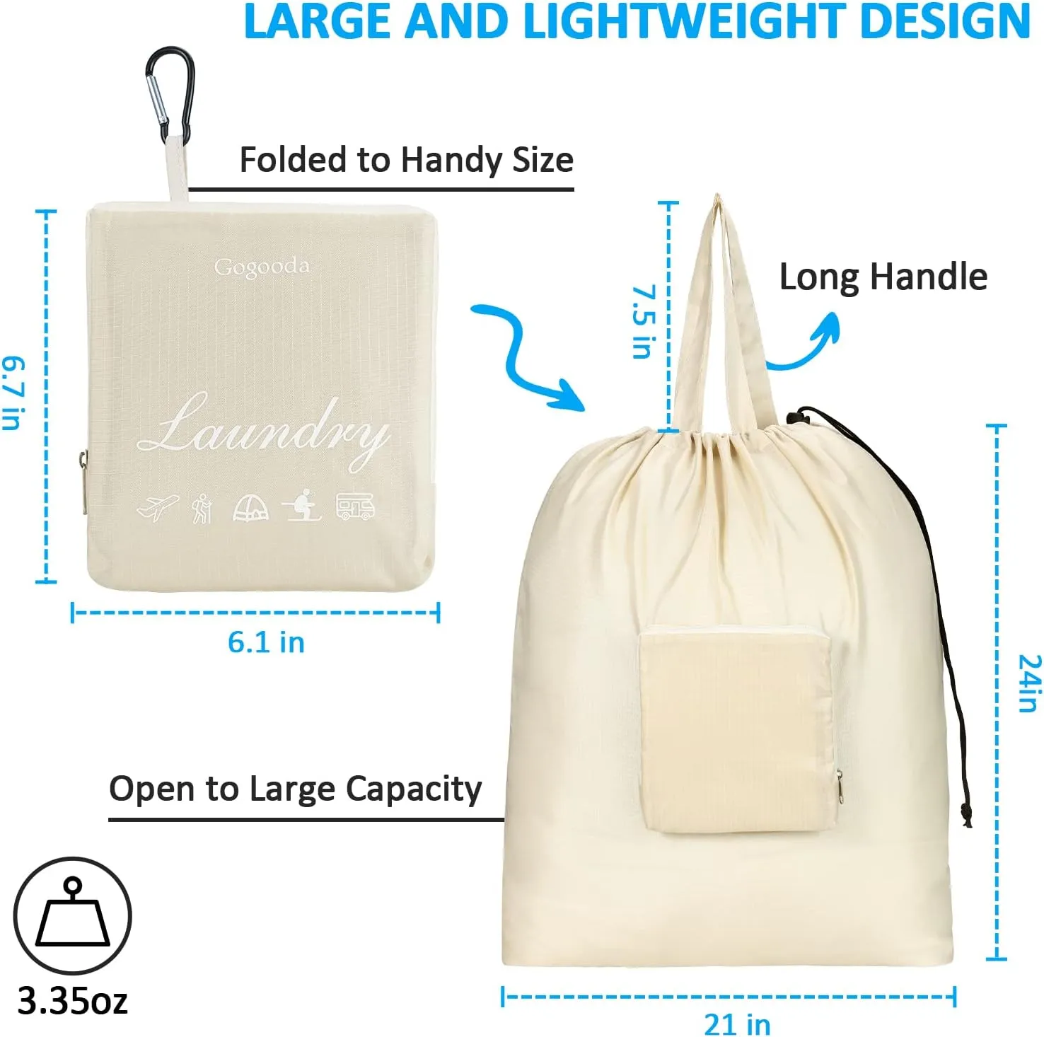 GOGOODA Travel Laundry Bags with Drawstring Closure XL Large Foldable Dirty Clothes bags with Handle Heavy Duty and Washable for College Dorm Travelling Camping, 2 Pack, Beige
