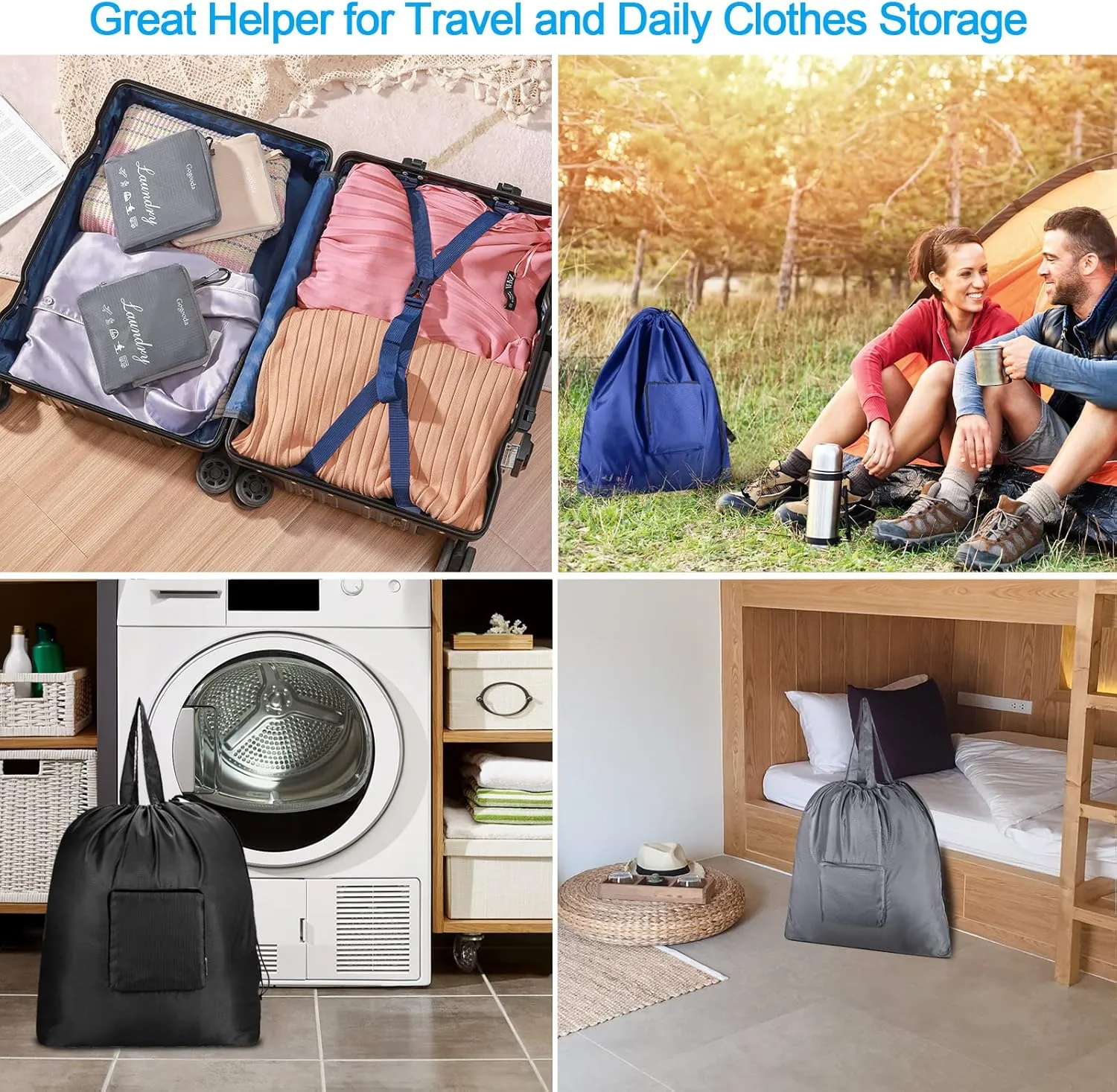 GOGOODA Travel Laundry Bags with Drawstring Closure XL Large Foldable Dirty Clothes bags with Handle Heavy Duty and Washable for College Dorm Travelling Camping, 2 Pack, Beige