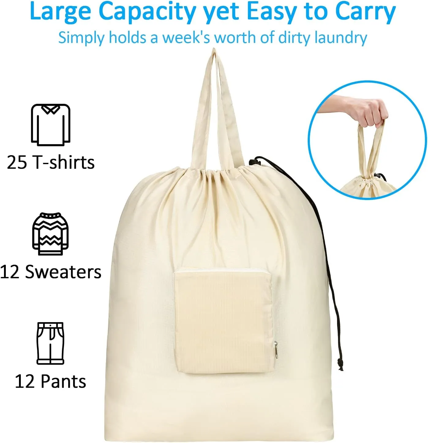 GOGOODA Travel Laundry Bags with Drawstring Closure XL Large Foldable Dirty Clothes bags with Handle Heavy Duty and Washable for College Dorm Travelling Camping, 2 Pack, Beige