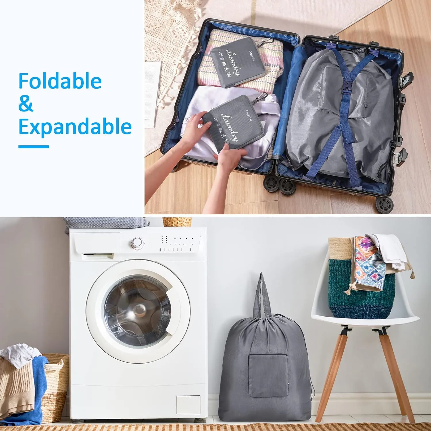 GOGOODA Travel Laundry Bags with Drawstring Closure XL Large Foldable Dirty Clothes bags with Handle Heavy Duty and Washable for College Dorm Travelling Camping, 2 Pack, Beige
