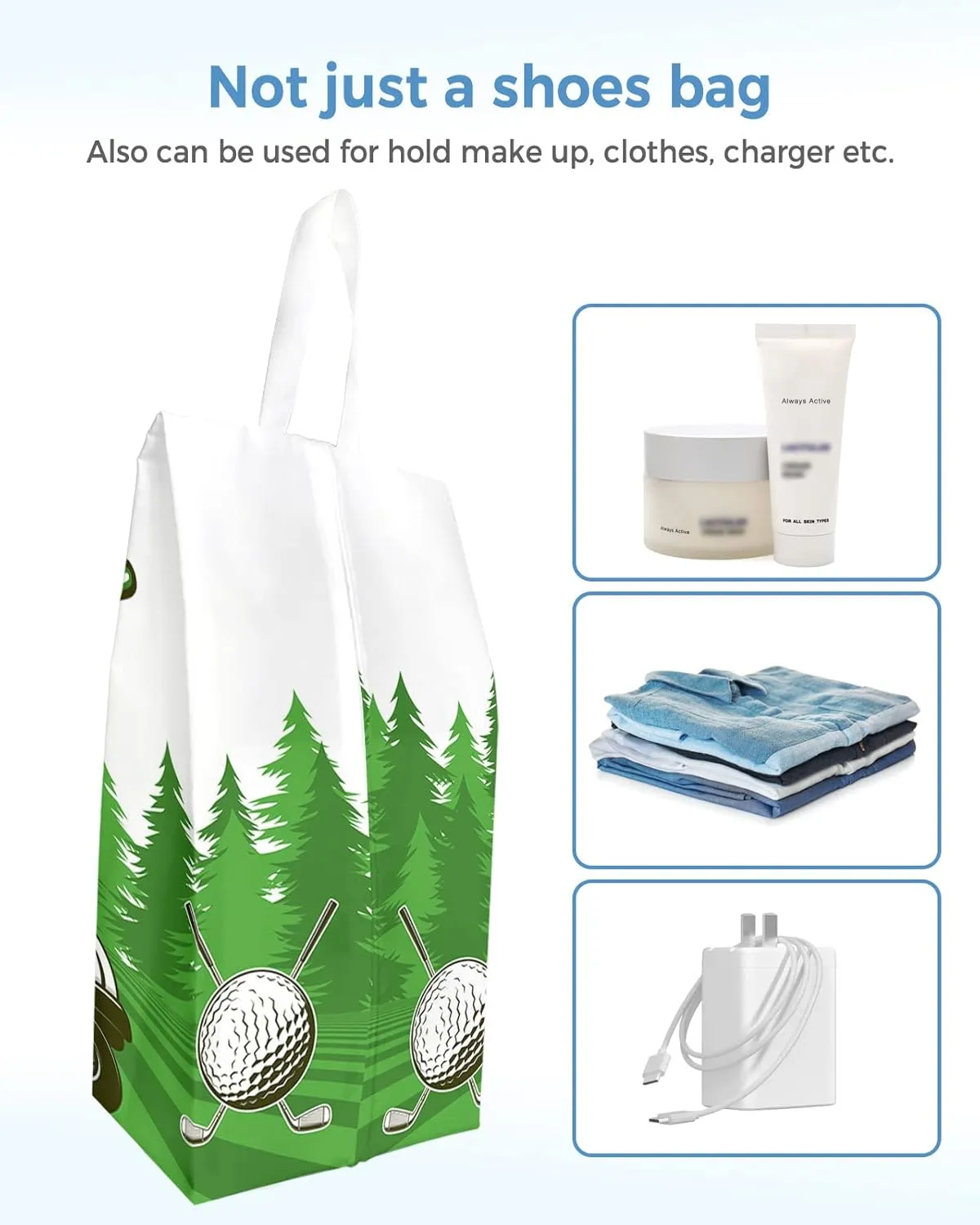 Golf Cart Travel Shoe Bags Waterproof, Golf Club Green Field Pine Tree Balls Sports Theme Portable Shoe Storage Organizer with Zipper for Men and Women, 15.7x8.7 Inch
