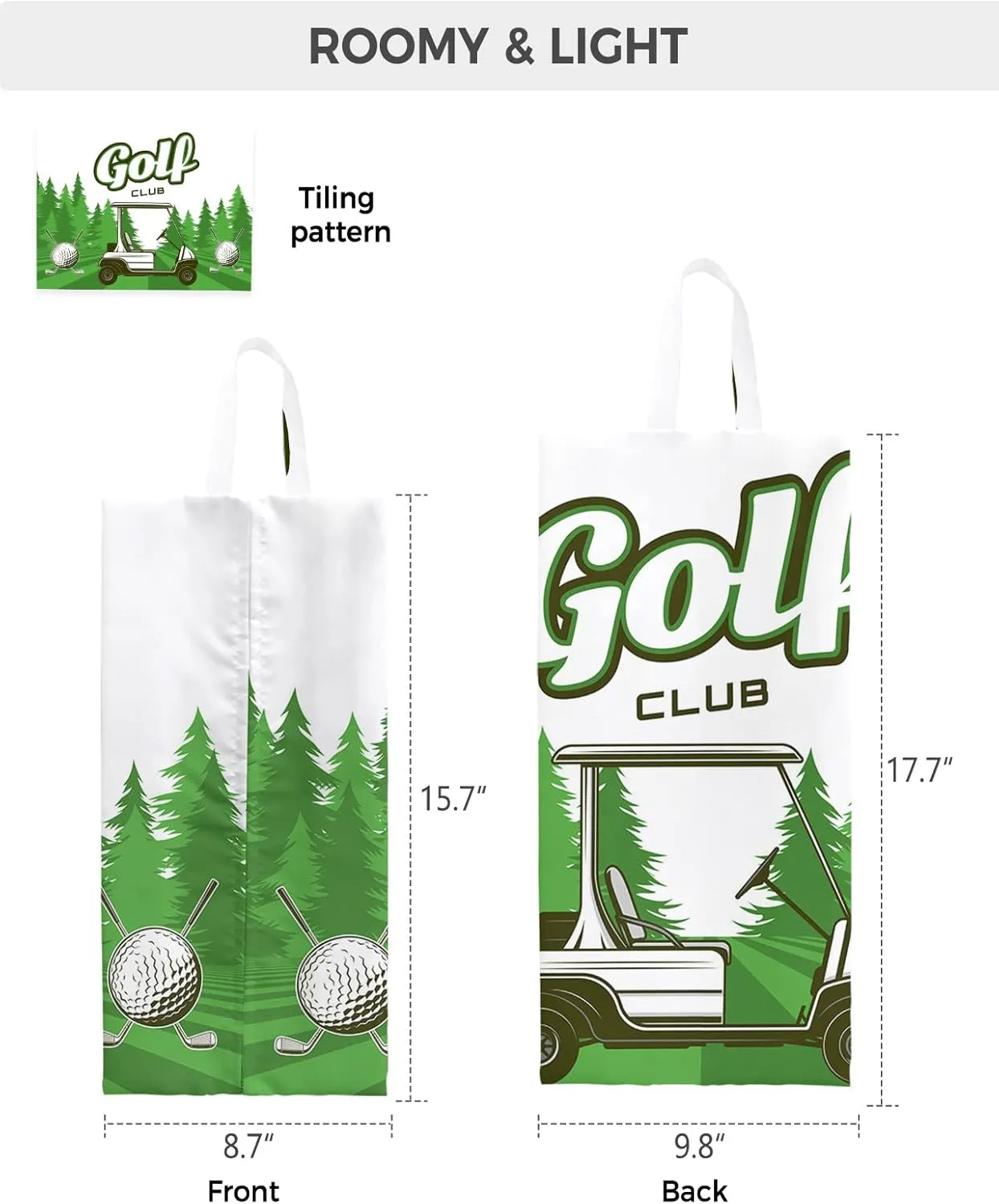 Golf Cart Travel Shoe Bags Waterproof, Golf Club Green Field Pine Tree Balls Sports Theme Portable Shoe Storage Organizer with Zipper for Men and Women, 15.7x8.7 Inch