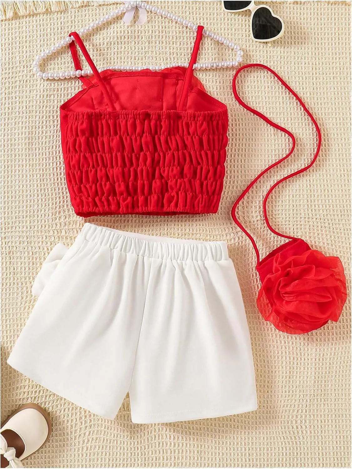 GORGLITTER Girl's Vacation Summer Outfits 3D Floral Cami and Cute Bow Skort Shorts Sets with Crossbody Bag