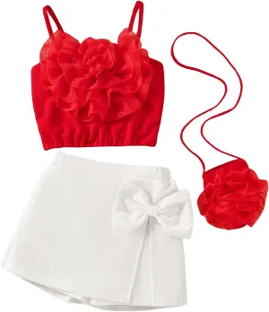 GORGLITTER Girl's Vacation Summer Outfits 3D Floral Cami and Cute Bow Skort Shorts Sets with Crossbody Bag