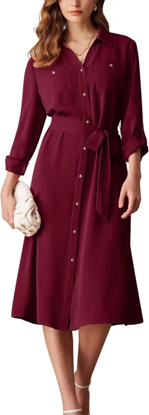 GRACE KARIN Women's Long Sleeve Button Down Shirt Dress Casual Loose Tie Waist Adjustable Sleeve Length Midi Dresses