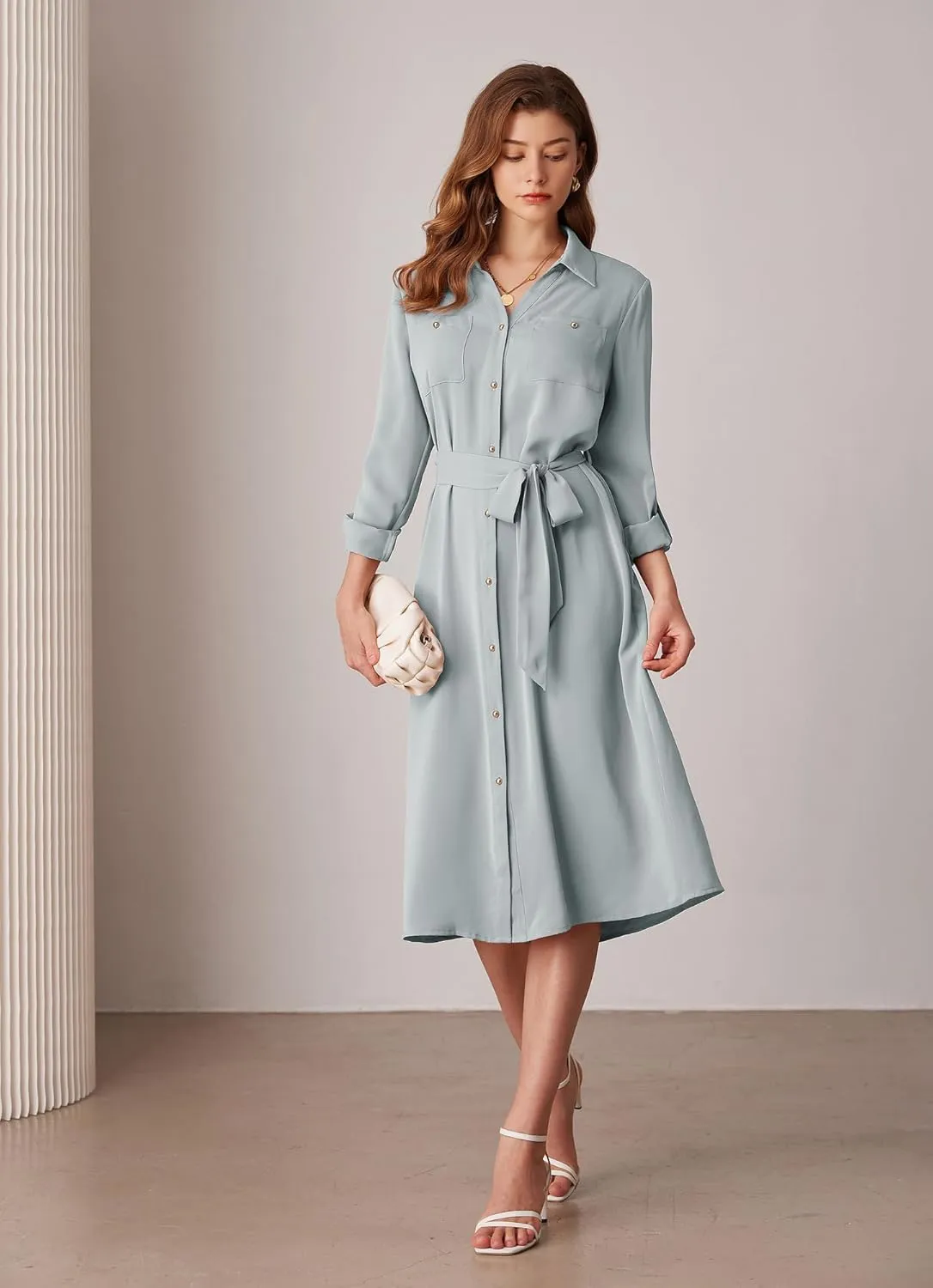 GRACE KARIN Women's Long Sleeve Button Down Shirt Dress Casual Loose Tie Waist Adjustable Sleeve Length Midi Dresses