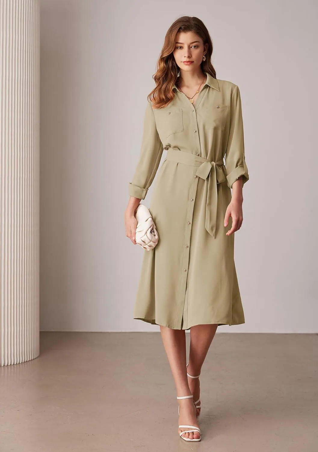 GRACE KARIN Women's Long Sleeve Button Down Shirt Dress Casual Loose Tie Waist Adjustable Sleeve Length Midi Dresses