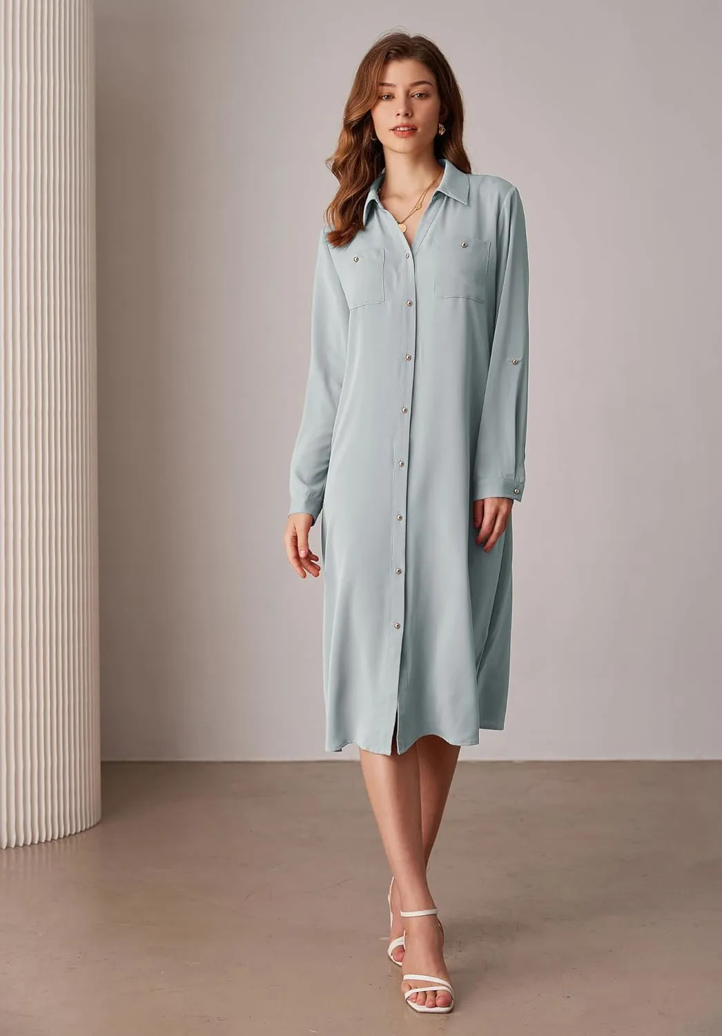 GRACE KARIN Women's Long Sleeve Button Down Shirt Dress Casual Loose Tie Waist Adjustable Sleeve Length Midi Dresses