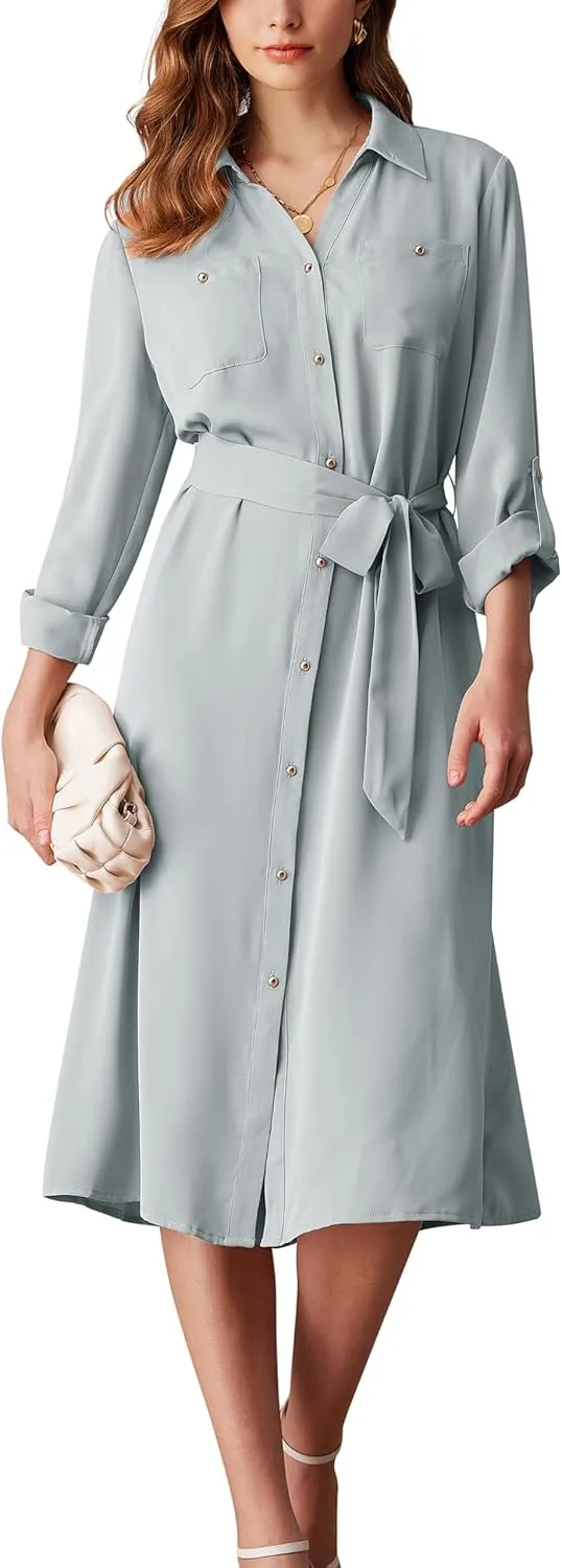 GRACE KARIN Women's Long Sleeve Button Down Shirt Dress Casual Loose Tie Waist Adjustable Sleeve Length Midi Dresses
