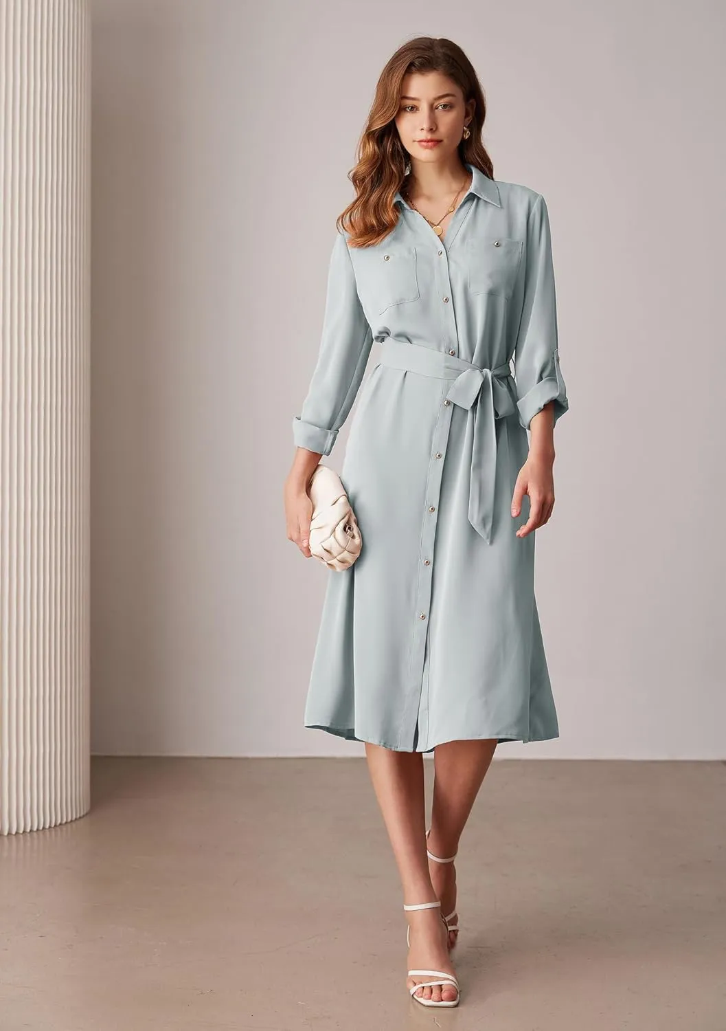 GRACE KARIN Women's Long Sleeve Button Down Shirt Dress Casual Loose Tie Waist Adjustable Sleeve Length Midi Dresses