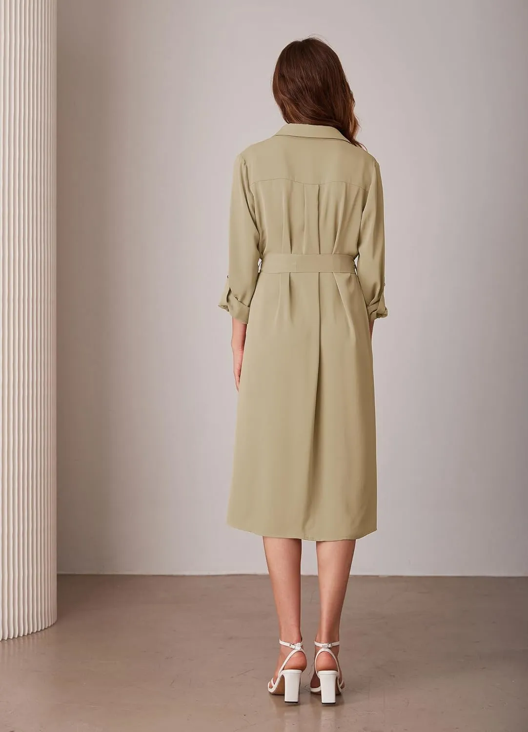 GRACE KARIN Women's Long Sleeve Button Down Shirt Dress Casual Loose Tie Waist Adjustable Sleeve Length Midi Dresses