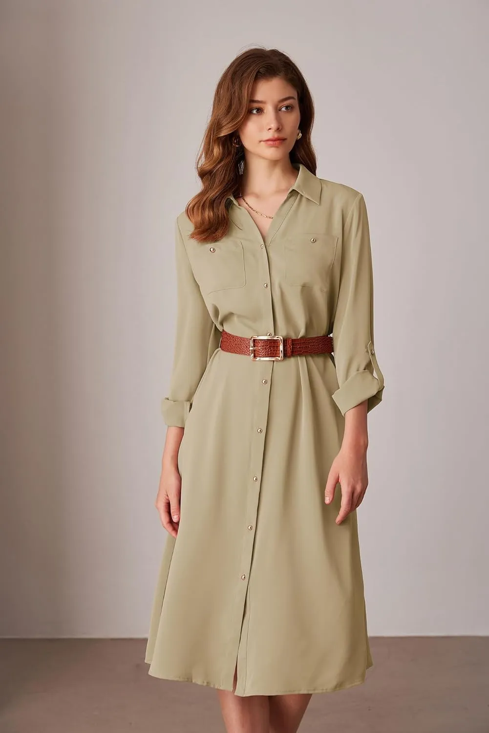 GRACE KARIN Women's Long Sleeve Button Down Shirt Dress Casual Loose Tie Waist Adjustable Sleeve Length Midi Dresses