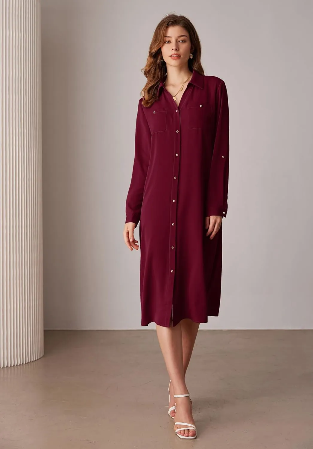 GRACE KARIN Women's Long Sleeve Button Down Shirt Dress Casual Loose Tie Waist Adjustable Sleeve Length Midi Dresses