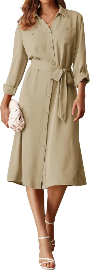 GRACE KARIN Women's Long Sleeve Button Down Shirt Dress Casual Loose Tie Waist Adjustable Sleeve Length Midi Dresses