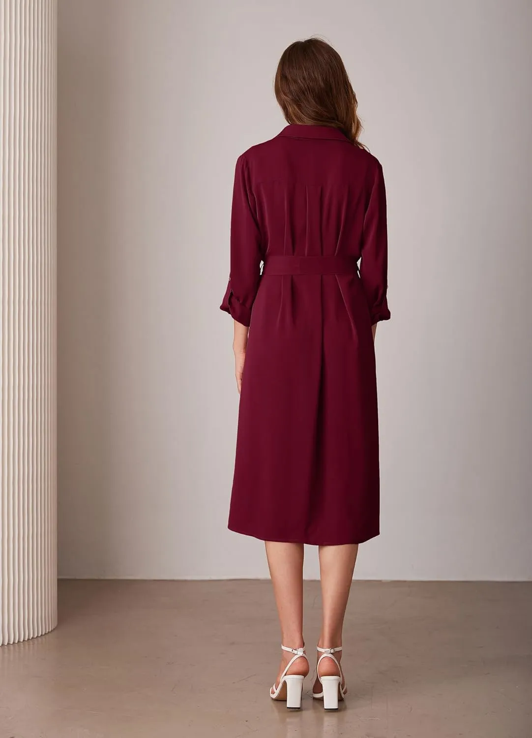 GRACE KARIN Women's Long Sleeve Button Down Shirt Dress Casual Loose Tie Waist Adjustable Sleeve Length Midi Dresses