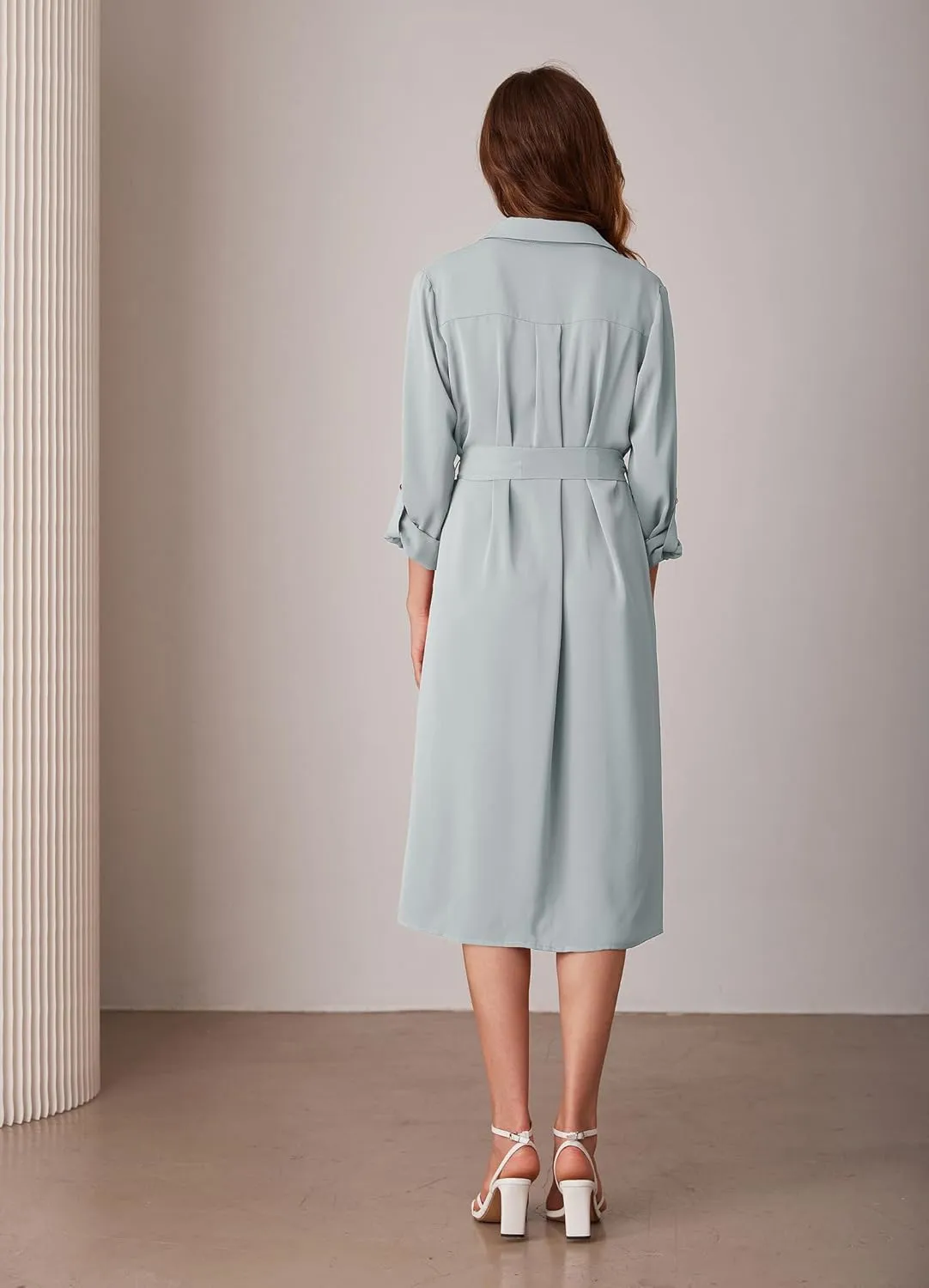GRACE KARIN Women's Long Sleeve Button Down Shirt Dress Casual Loose Tie Waist Adjustable Sleeve Length Midi Dresses