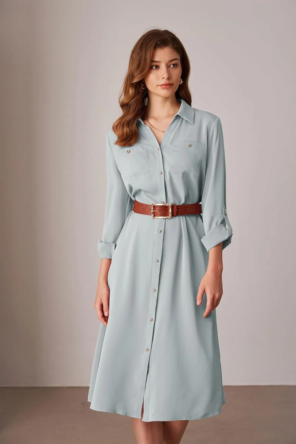 GRACE KARIN Women's Long Sleeve Button Down Shirt Dress Casual Loose Tie Waist Adjustable Sleeve Length Midi Dresses