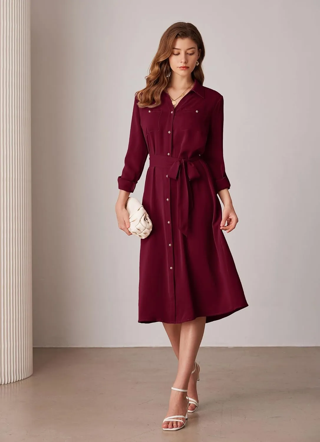 GRACE KARIN Women's Long Sleeve Button Down Shirt Dress Casual Loose Tie Waist Adjustable Sleeve Length Midi Dresses