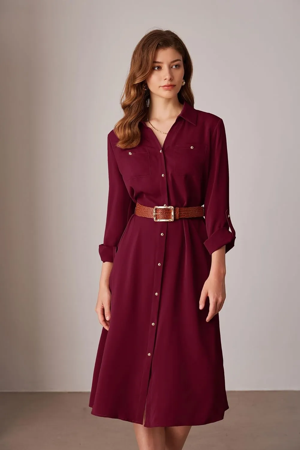 GRACE KARIN Women's Long Sleeve Button Down Shirt Dress Casual Loose Tie Waist Adjustable Sleeve Length Midi Dresses