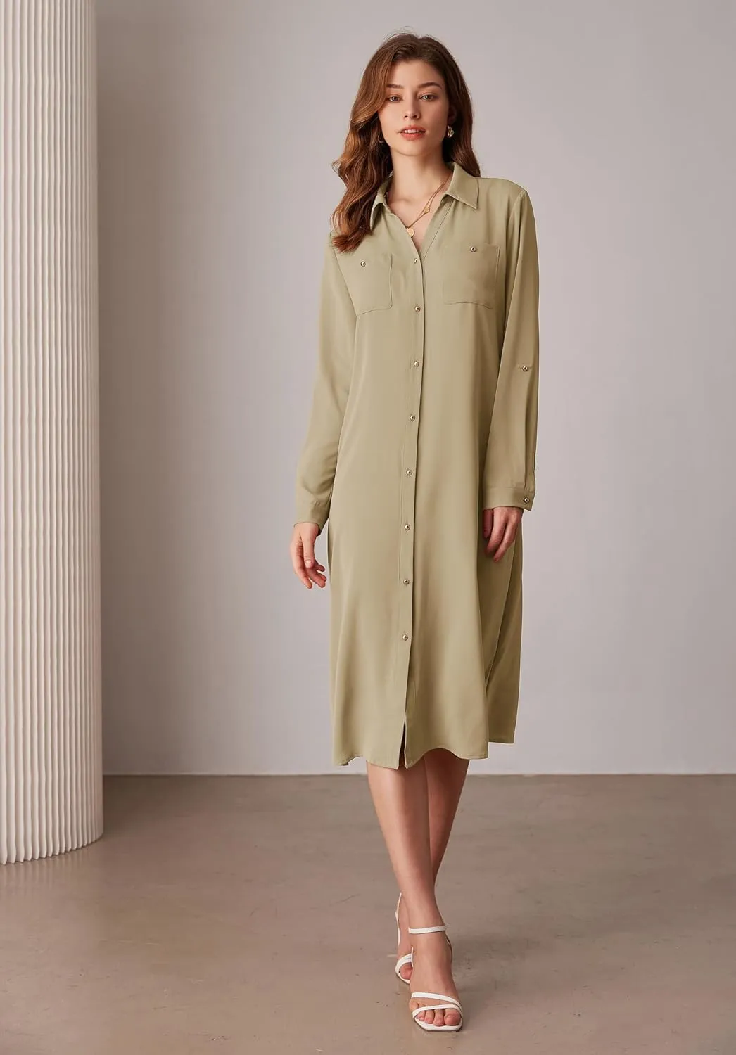 GRACE KARIN Women's Long Sleeve Button Down Shirt Dress Casual Loose Tie Waist Adjustable Sleeve Length Midi Dresses