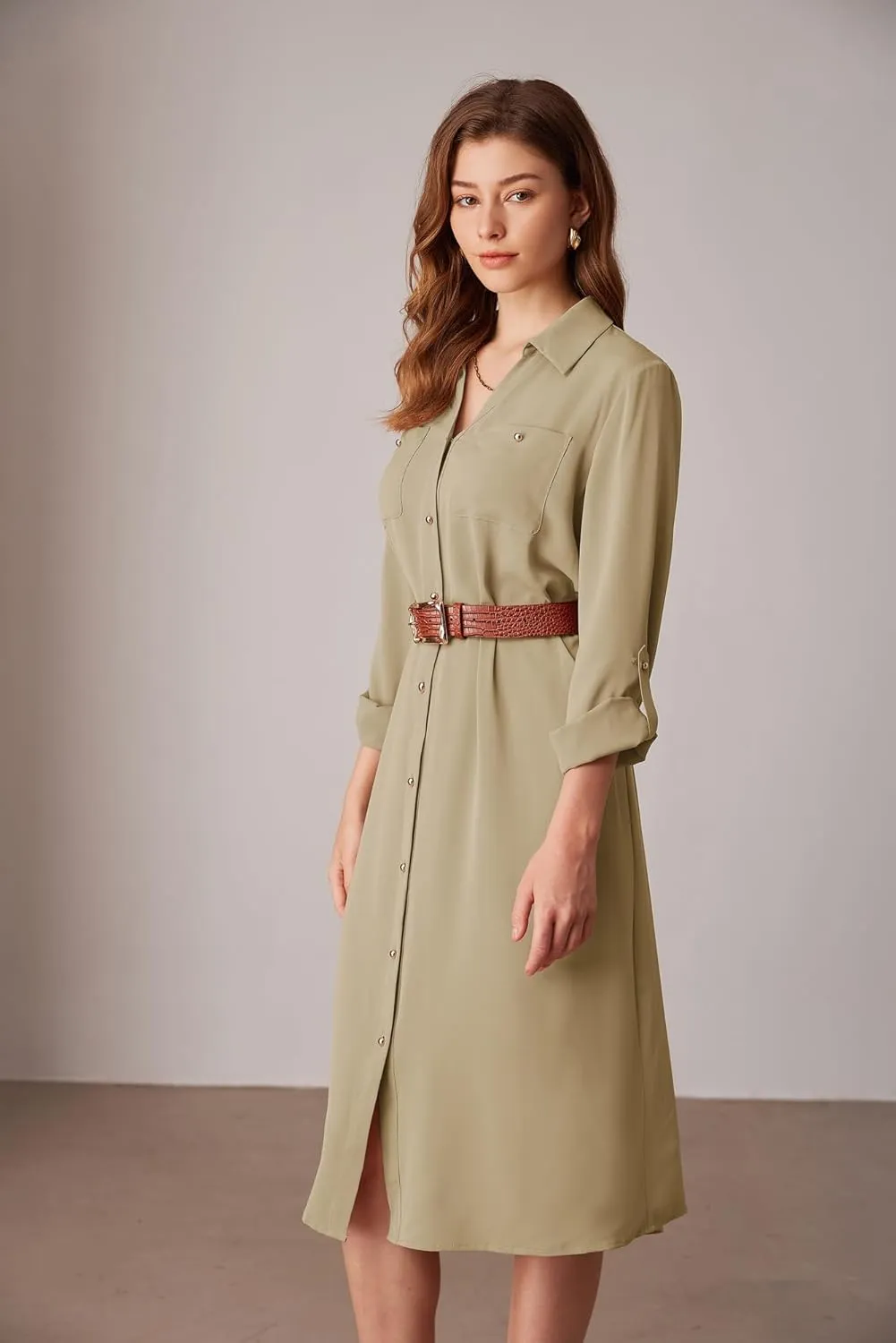 GRACE KARIN Women's Long Sleeve Button Down Shirt Dress Casual Loose Tie Waist Adjustable Sleeve Length Midi Dresses