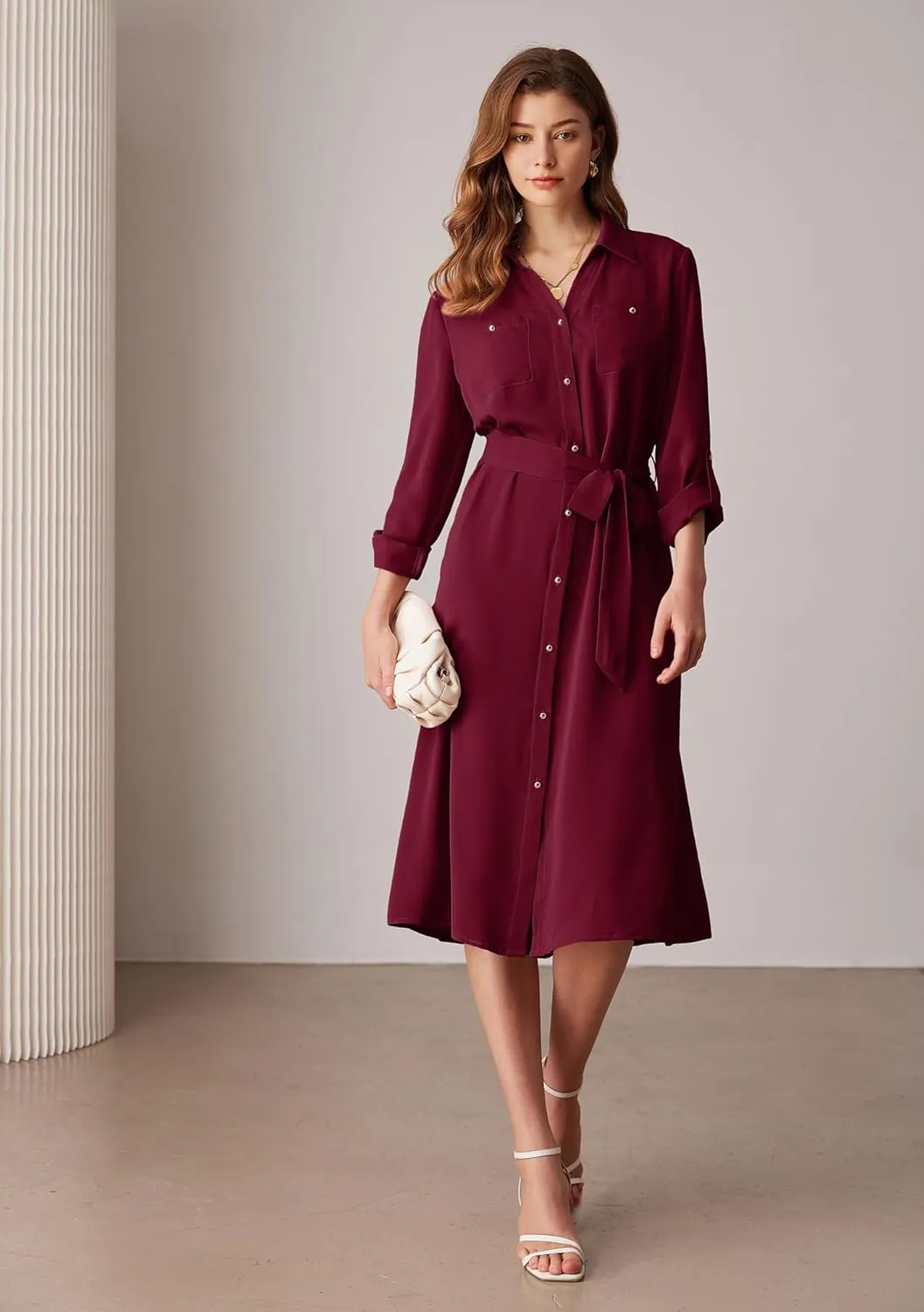 GRACE KARIN Women's Long Sleeve Button Down Shirt Dress Casual Loose Tie Waist Adjustable Sleeve Length Midi Dresses