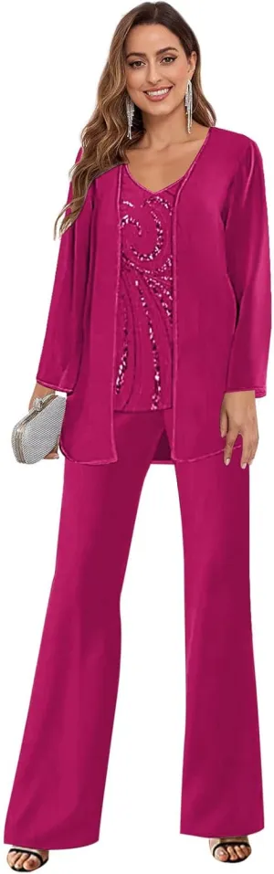 GUKARLEED Womens Mother of The Pants Suits 3 Pieces Long Sleeve V Neck Lace Chiffon Wedding Guest Formal Outfits with Jacket