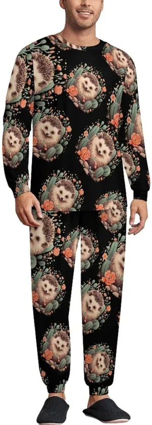 Hedgehog Cactus Mens Pajamas Set Long Sleeve Sleepwear Set Soft Underwear Set Loungewear