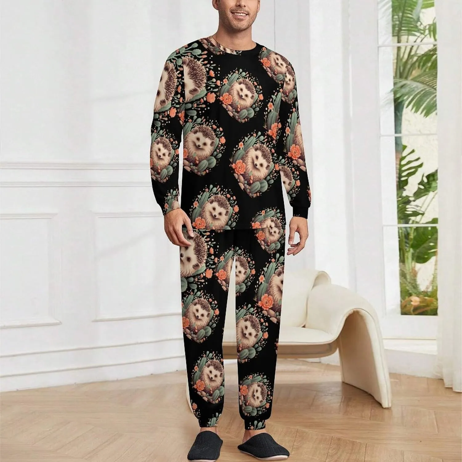 Hedgehog Cactus Mens Pajamas Set Long Sleeve Sleepwear Set Soft Underwear Set Loungewear