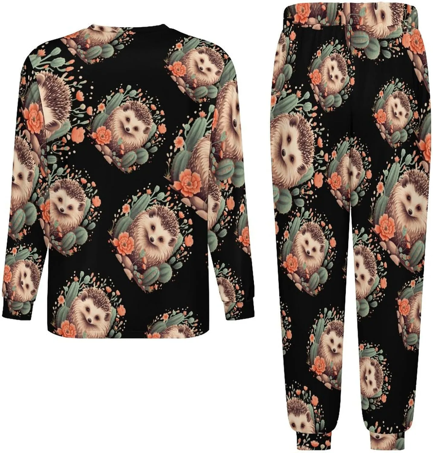 Hedgehog Cactus Mens Pajamas Set Long Sleeve Sleepwear Set Soft Underwear Set Loungewear