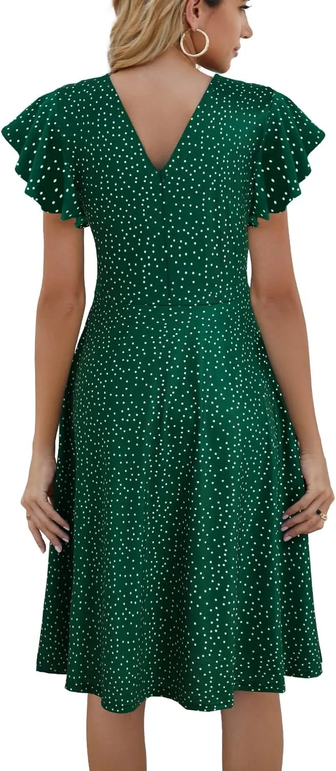 HELYO Women's Semi-Formal Ruffle Sleeves V-Back Work Fit and Flare Cocktail Wedding Guest Dress with Pockets 842