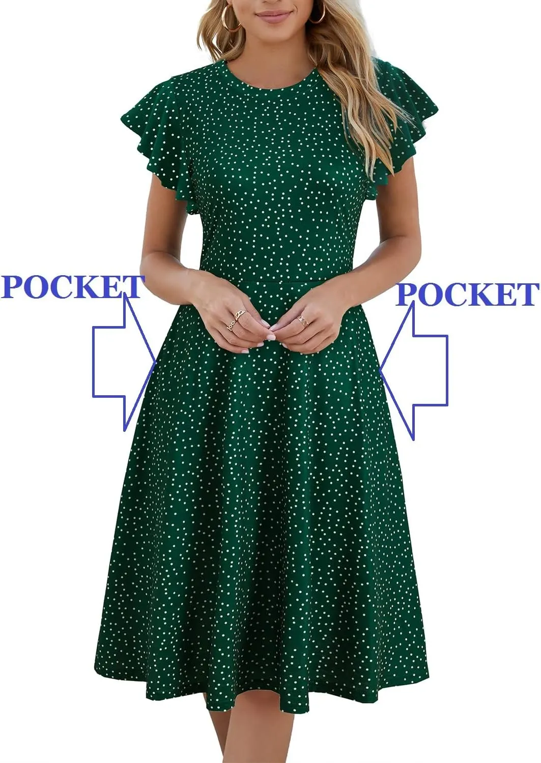 HELYO Women's Semi-Formal Ruffle Sleeves V-Back Work Fit and Flare Cocktail Wedding Guest Dress with Pockets 842
